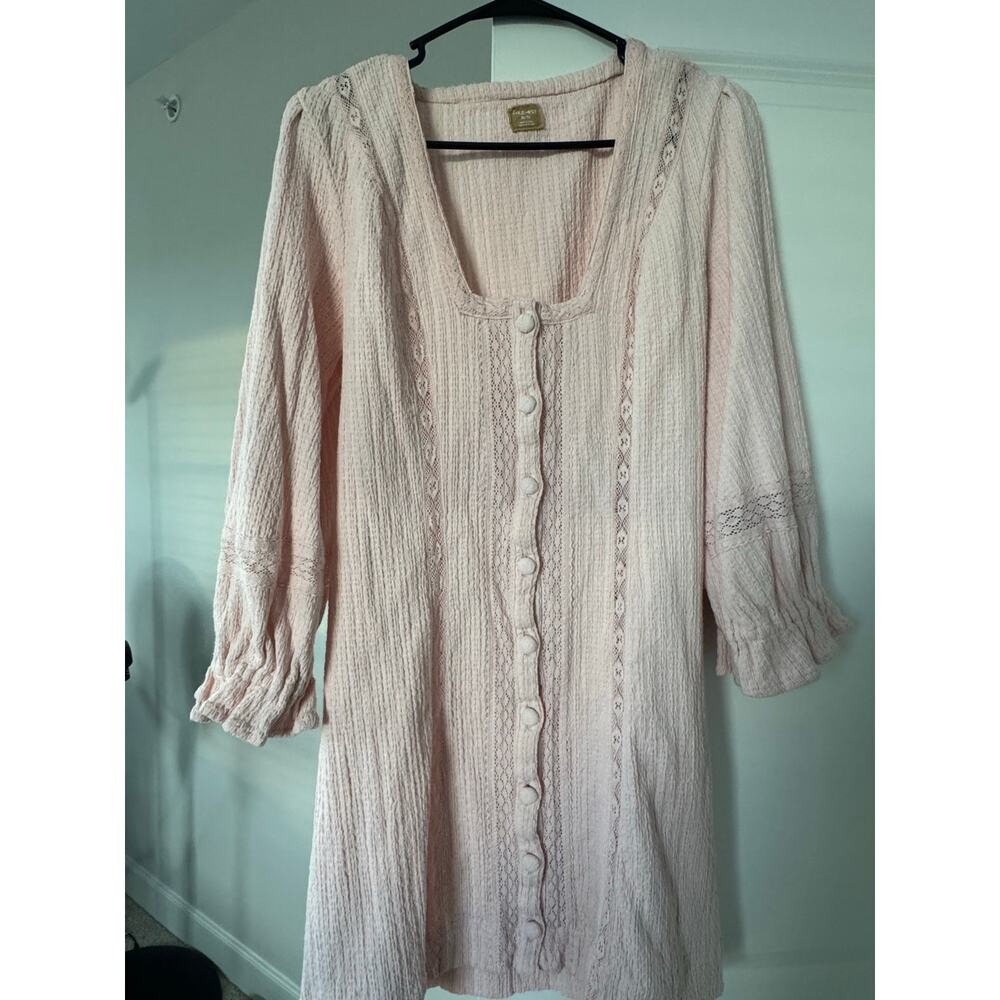 Free People Blush Pink Textured Jules Mini Dress XL Button Front, Boho Style EUC - Picture 2 of 10